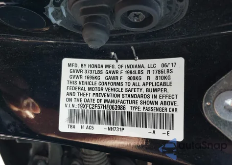 2017 Honda Civic Lx из США, поврежденный, VIN 19XFC2F57HE063986